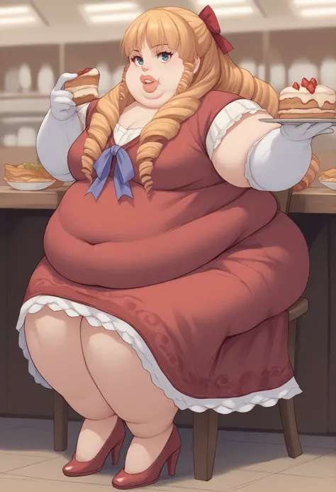 score_9, score_8_up, score_7_up, score_6_up, score_5_up, score_4_up, BREAK source_anime,
1girl, solo,  full body shot,  looking at viewer, smile, cafeteria, Margarita Dresden, long hair, drill hair, hair ribbon, medium breasts, fat, chubby, obese, thick li...