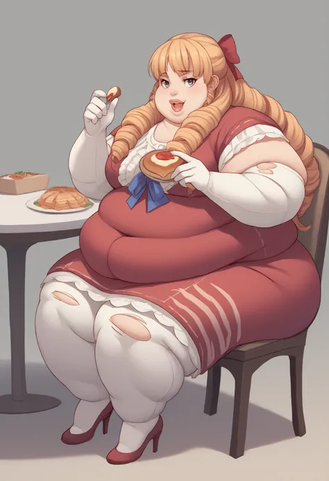 score_9, score_8_up, score_7_up, score_6_up, score_5_up, score_4_up, BREAK source_anime,
1girl, solo,  full body shot,  looking at viewer, smile, cafeteria, Margarita Dresden, long hair, drill hair, hair ribbon, medium breasts, fat, chubby, obese, thick li...