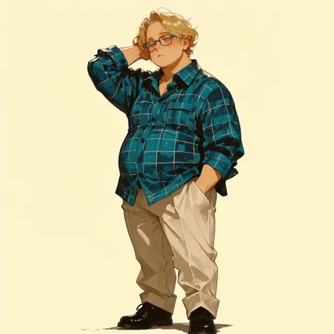 full body, standing, male focus, hand in hair, awkward stoic posture, 1 man, hipster, tareme, nerdy, blue eyes, freckles, square glasses, tucked plaid shirt, white pants, curly blonde hair, aegyo sal, (((masculine,))) ((fat)), (((detailed eyes,))) masterp...