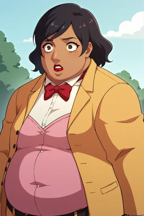 score_9, score_8_superior, score_7_superior, score_6_superior, sauce_anime, Break 1 Girl, woman, Solo p5 principal, Fat, obesity, score_9, score_8_up, score_7_up, source_anime BREAK 1girl, solo,   chounop5, black hair, medium hair, brown eyes, pink dress, ...