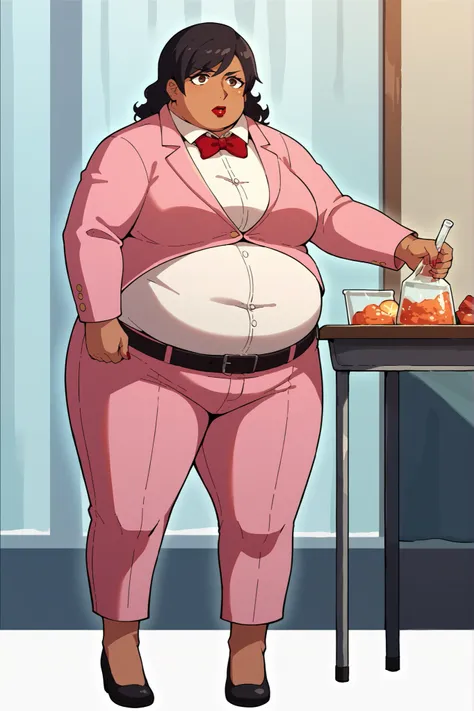 score_9, score_8_superior, score_7_superior, score_6_superior, sauce_anime, Break 1 Girl, woman, Solo p5 principal, Fat, obesity, score_9, score_8_up, score_7_up, source_anime BREAK 1girl, solo,   chounop5, black hair, medium hair, brown eyes, pink dress, ...
