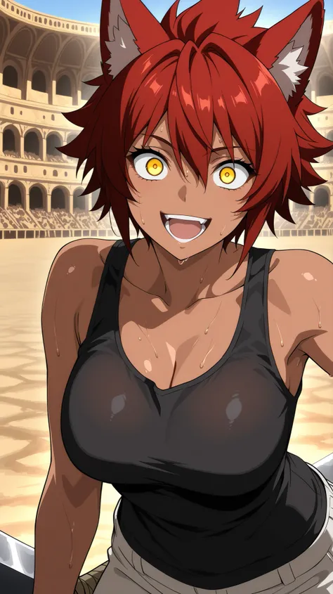 Wolf girl
High quality ,  best quality , masterpiece,  High Resolution , anatomically correct,screencap,anime coloring
1girl,solo, Cool woman,adult, dark-skinned female
, red hair, short hair, yellow eyes,spiked hair,androgynous,large breasts, Wolf ears, b...