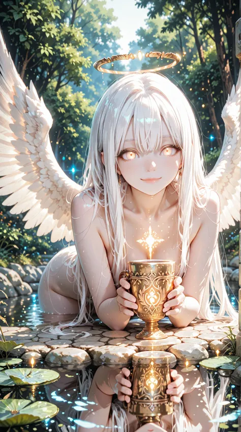 Dynamic perspective angle shot, A digital art image shows the winged angel of temperance, long white hair, albino skin,glowing light sapphire eyes, stand firm on pond water. She has a calm smile watching her cups .She is naked, complete with a jewelry acce...