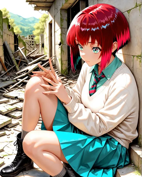 1girl, amate yuzuriha,short hair,red hair,multicolored hair,aqua eyes,multicolored eyes,aqua shirt,striped necktie,white sweater,aqua skirt,grey socks,black boots, depth of field, fake traditional media, Picturesque, Impressionism, masterpiece, high score,...
