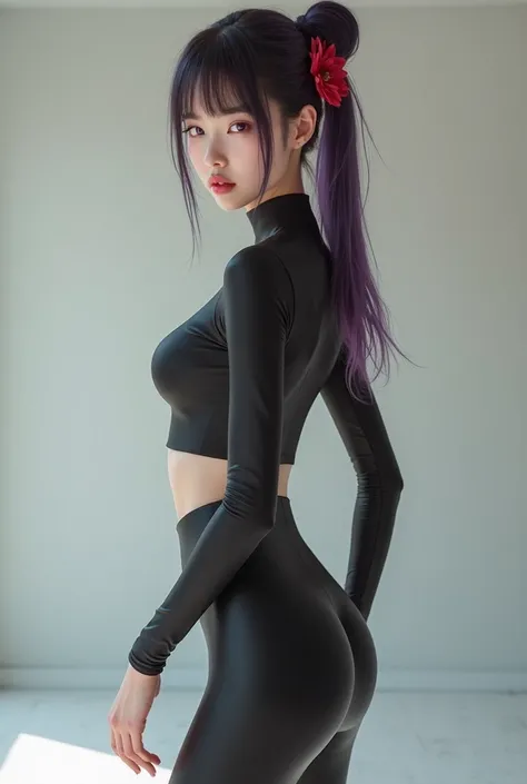 A hyper-realistic full-body photo of a beautiful Asian female fashion model with a slender, elegant figure (170 cm tall, 53 kg, body measurements approximately 86-60-88 cm). She has smooth porcelain skin with a cool undertone. Her hair is long and dyed a s...