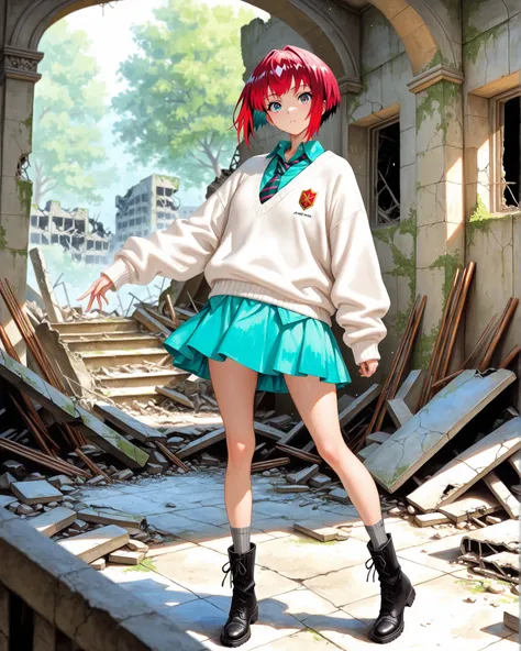 1girl, amate yuzuriha,short hair,red hair,multicolored hair,aqua eyes,multicolored eyes,aqua shirt,striped necktie,white sweater,aqua skirt,grey socks,black boots, depth of field, fake traditional media, Picturesque, Impressionism, masterpiece, high score,...