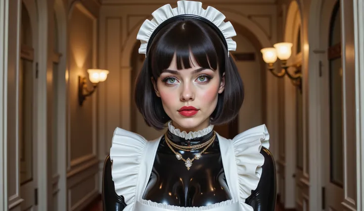 2 maid in SHINY latex .  The full height of a beautiful girl with a gorgeous figure of 26 years old ,  beautiful maid in the corridors of a castle,  black bob car hairstyle , plump lips,  blue eyes ,  red lipstick ,  precious necklace , luxurious maid head...