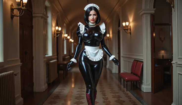 2 maid in SHINY latex .  The full height of a beautiful girl with a gorgeous figure of 26 years old ,  beautiful maid in the corridors of a castle at night,  black bob car hairstyle , plump lips,  blue eyes ,  red lipstick ,  precious necklace , luxurious ...