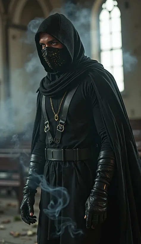 Hyper-realistic cinematic portrait of Cillian Murphy fully masked as Noob Saibot, wearing a pitch-black combat outfit made of layered tactical mesh and shrouded in swirling shadows. His terrifying face mask gleams faintly in a ruined church lit by dying mo...