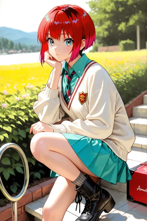 1girl, amate yuzuriha,short hair,red hair,multicolored hair,aqua eyes,multicolored eyes,aqua shirt,striped necktie,white sweater,aqua skirt,grey socks,black boots, depth of field, fake traditional media, Picturesque, Impressionism, masterpiece, high score,...