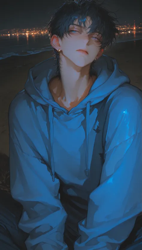 short hair, shirt, black hair, 1man, solo, alone, navy hoodie, earrings, blue eyes, muscled, sitting on ground, night, dynamic angle