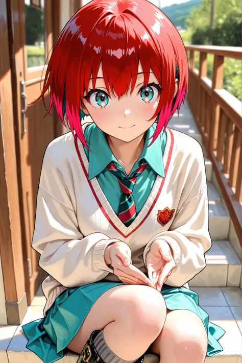 1girl, amate yuzuriha,short hair,red hair,multicolored hair,aqua eyes,multicolored eyes,aqua shirt,striped necktie,white sweater,aqua skirt,grey socks,black boots, depth of field, fake traditional media, Picturesque, Impressionism, masterpiece, high score,...