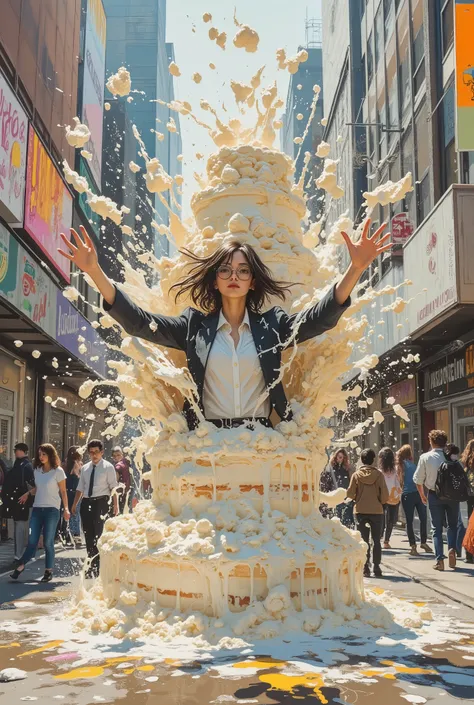 dynamic full body shot, a woman with glasses and soaked business attire — dark blazer, white shirt, pencil skirt — exploding out of a giant multi-tiered cake, her hair and clothes completely covered in thick dripping whipped cream and frosting, arms raised...