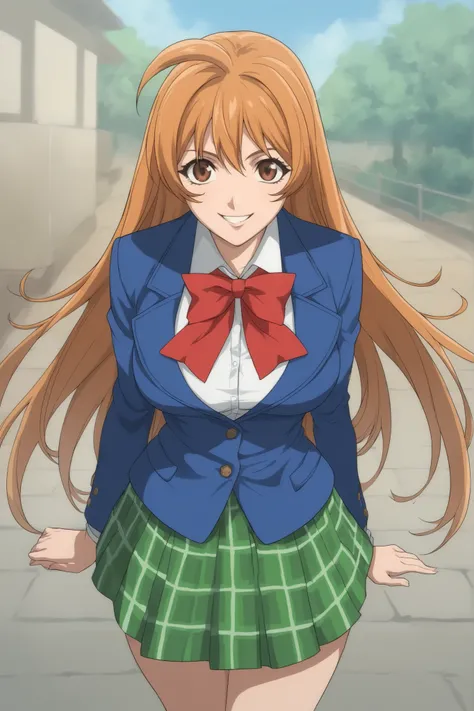 best quality,masterpiece,looking at viewer,absurdres,1girl,score_9,score_8_up,score_7_up,source_anime BREAK natsume aya,orange hair,long hair,brown eyes,ahoge,breasts,white ,skirt,bow,plaid,large breasts,jacket, plaid, green plaid skirt, blue blazer, evil ...