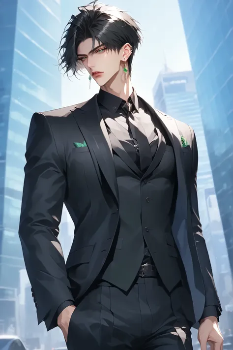   male, solo, Full Body, Late 20s, long bangs, dark haired, green eyes, black suit, necktie, 1 earring per ear, Keen Eyes, Slim, office district where you can go, The name is aoi