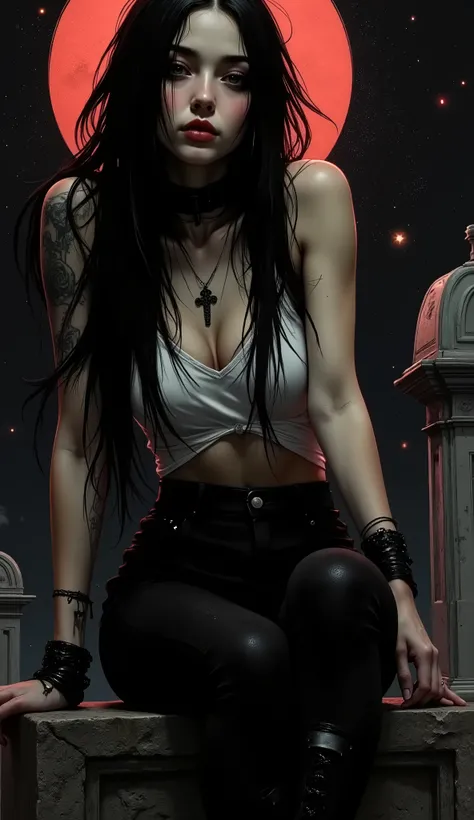 Whimsical goddess of death with infinite power and the compassion for all in the guise of a Young pretty goth girl with black pants, white tank top and ankh necklace, smiling impishly city, sitting on top of an old mausoleum at night with a full moon with ...