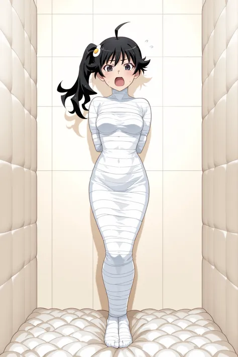 ,Monogatari Series,araragi karen,black hair,ahoge,black eyes,side ponytail,egg hair ornament,

,White bandage,All White tape,Mummification Bondage of White,White mummy,White mummification,White mummified,feet together,bondage,wrappedupgirl,Arms behind the ...