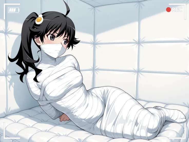 ,Monogatari Series,araragi karen,black hair,ahoge,black eyes,side ponytail,egg hair ornament,

,White bandage,All White tape,Mummification Bondage of White,White mummy,White mummification,White mummified,feet together,bondage,wrappedupgirl,Arms behind the ...