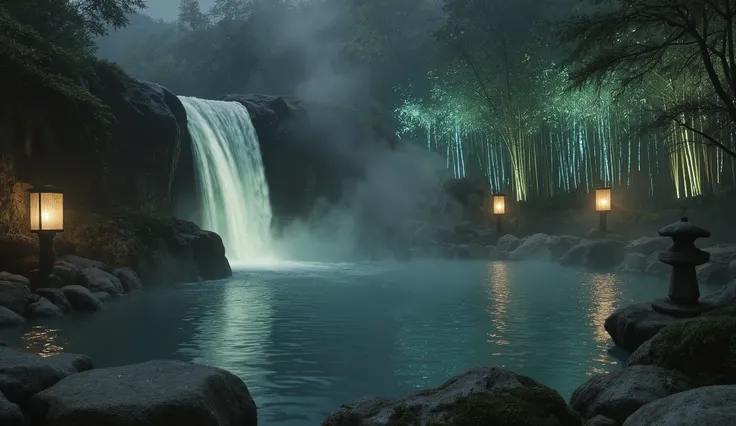 breathtaking, A high-resolution digital painting of a hot spring pool at night, The surface of the water shines with soft fluorescent reflections and mysterious glowing bamboo leaves. The serene hot spring pool is smoothed, , the naturally shaped rock, is ...