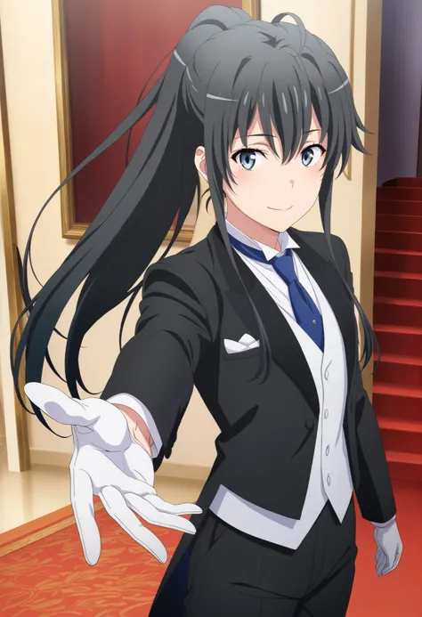 masterpiece, best quality, very detailed, , masterpiece, best quality, eyelashes, (Beautiful Eyes), cowboy shot, anime, Official Illustration, 1girl, solo, yukinoshita yukino, blue eyes, black hair, long hair, ponytail, tuxedo tailcoat, butler, blue neck...