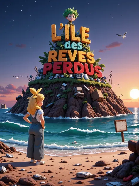 Illustration featuring the title: “L'ILE des REVES PERDUS” in recycled waste letters in a grunge 3D bold font, this title on top of a polluted island hill made of colored trash. This island is a friendly creature guy head with a smile, green hair and a big...