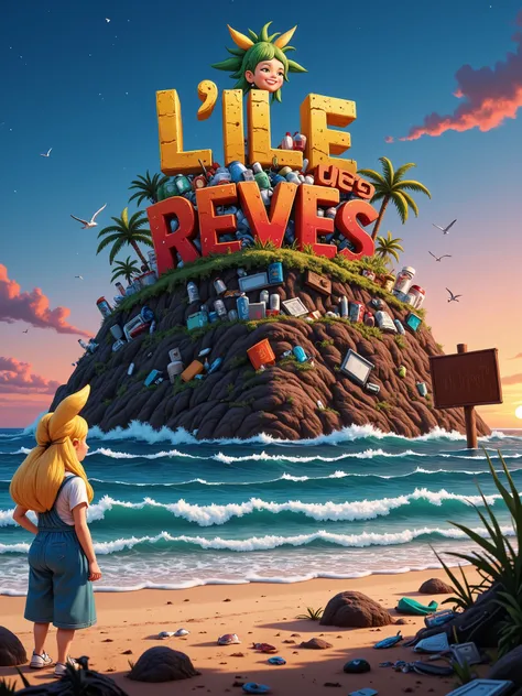 Illustration featuring the title: “L'ILE des REVES PERDUS” in recycled waste letters in a grunge 3D bold font, this title on top of a polluted island hill made of colored trash. This island is a friendly creature guy head with a smile, green hair and a big...