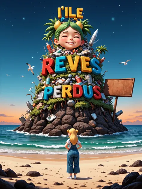 Illustration featuring the title: “L'ILE des REVES PERDUS” in recycled waste letters in a grunge 3D bold font, this title on top of a polluted island hill made of colored trash. This island is a friendly creature guy head with a smile, green hair and a big...