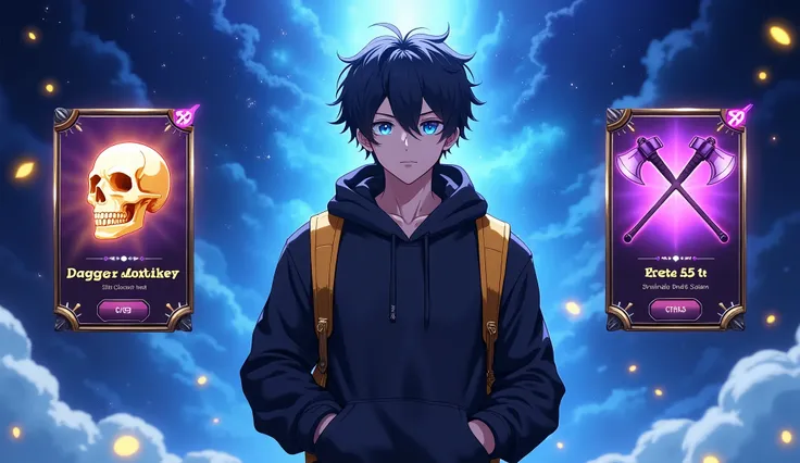 "Create an anime-style scene with a dark-haired character with shining blue eyes , character who radiates a powerful and mysterious aura . A character in a black hoodie with a yellow backpack stands confidently against a shining blue space with floating ye...