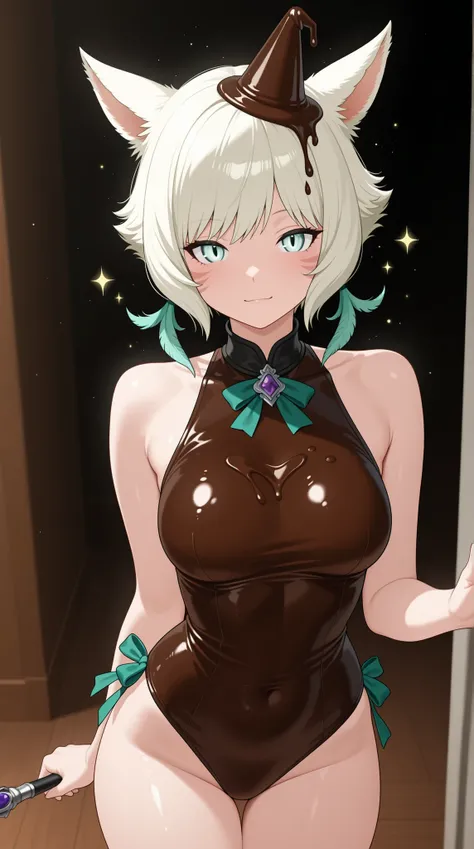 2.5D anime style, soft fantasy lighting — a voluptuous anime-style woman modeled after Y’shtola from Final Fantasy XIV kneels beside a magically altered “Kinoko no Yama” chocolate snack — her appearance is exact: short white-blonde bob with green ribbon ties on both sides, white cat ears, golden feline eyes, and a subtly flushed expression — the snack has been transformed by her magic: the biscuit stem is thick (4–5 cm wide) and gently arched backward in a clean, firm curve (not wavy or twisted) — the shape resembles a small bat handle or wand, bending smoothly in one direction only — the chocolate cap remains small (under 3 cm wide), shiny, and perfectly centered — the total height of the snack is strictly under 8 cm, making it smaller than her face — she gently holds the snack in both hands and presses her cheek affectionately to the chocolate top — magical particles float near her fingers, and a soft aura surrounds her — no wings, no decorative parts appear on the snack — camera angle emphasizes the contrast between the curved, thickened stem and the delicate chocolate top — ultra-detailed 2.5D anime rendering, dreamy and sensual with accurate geometry
