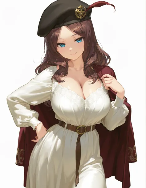 masterpiece, best quality, official anime illustration, (original character:1.2), (1girl:1.2), (solo:1.2), cowboy shot, from front, voluptuous body, large breasts, cleavage, looking at viewer, standing, one hand on hip, alluring seductive smile, female Leo...