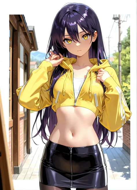 1girl, Nyann, long hair, yellow eyes, dark purple hair, hair between eyes,tight cropped skirt,black tights,yellow shirt, midriff tops, navel ,black opened zip up hoodie with a white stripe,depth of field, fake traditional media, Picturesque, Impressionism,...