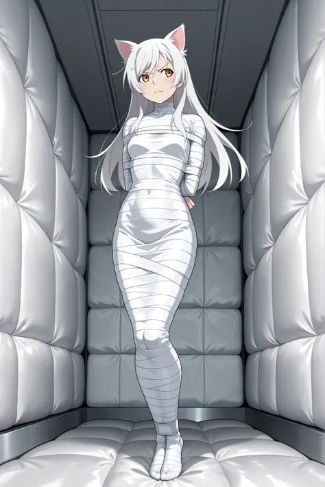 ,Monogatari Series,hanekawa tsubasa,bakeneko, white hair, yellow eyes, long hair, cat ears,

,White bandage,All White tape,Mummification Bondage of White,White mummy,White mummification,White mummified,feet together,bondage,wrappedupgirl,Arms behind the bo...