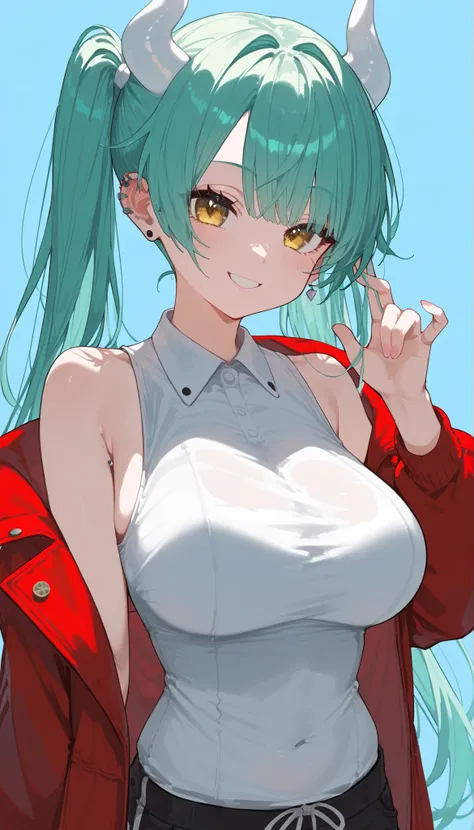 girl,, old green hair,long hair,in yellow eyes, Tomboy,long hair, busy ,Red Jacket,Pierced gold ear,cute,Milf,slim,tight shorts,collared shirt,Shirt,light blue background,pigtail, white horned ,Wide Horned,Bitter,big breasts,double ponytail,Chopped,Upper B...