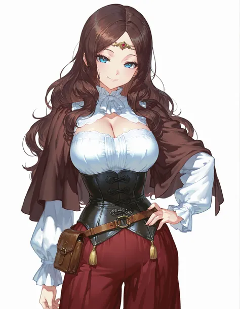 masterpiece, best quality, official anime illustration, (original character:1.2), (1girl:1.2), (solo:1.2), (Leonardo da Vinci genderbend:1.3), cowboy shot, from front, voluptuous body, large breasts, subtle cleavage, looking at viewer, standing, one hand o...