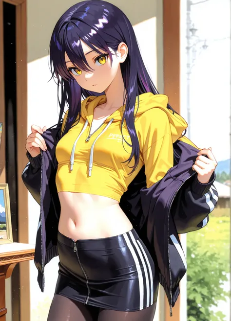 1girl, Nyann, long hair, yellow eyes, dark purple hair, hair between eyes,tight cropped skirt,black tights,yellow shirt, midriff tops, navel ,black opened zip up hoodie with a white stripe,depth of field, fake traditional media, Picturesque, Impressionism,...