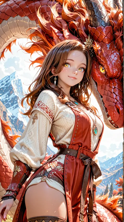 Dynamic perspective angle shot, A digital art image shows the dragon tamer, long brown hair, tan skin, bright yellow  eyes, play with big red dragon. She has a calm smile watching her dragon .She wears minimal dragon trainer cloth, complete with a jewelry ...