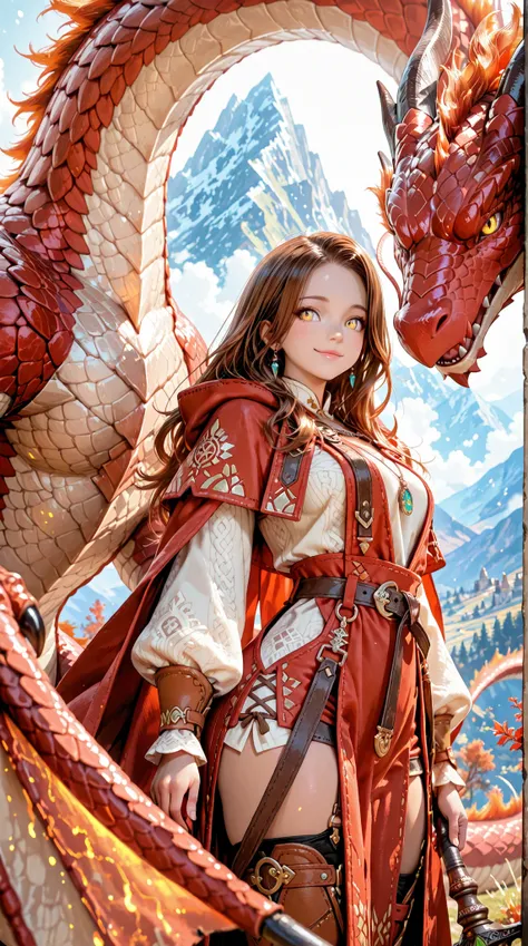Dynamic perspective angle shot, A digital art image shows the dragon tamer, long brown hair, tan skin, bright yellow  eyes, play with big red dragon. She has a calm smile watching her dragon .She wears minimal dragon trainer cloth, complete with a jewelry ...