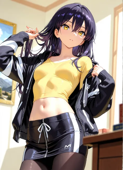 1girl, Nyann, long hair, yellow eyes, dark purple hair, hair between eyes,tight cropped skirt,black tights,yellow shirt, midriff tops, navel ,black opened zip up hoodie with a white stripe,depth of field, fake traditional media, Picturesque, Impressionism,...