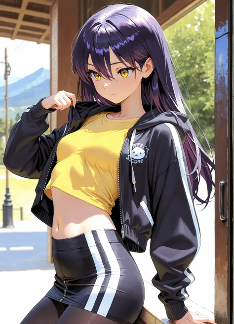 1girl, Nyann, long hair, yellow eyes, dark purple hair, hair between eyes,tight cropped skirt,black tights,yellow shirt, midriff tops, navel ,black opened zip up hoodie with a white stripe,depth of field, fake traditional media, Picturesque, Impressionism,...