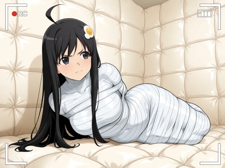,araragi tsukihi,tsukihi araragi,egg hair ornament,short hair,black hair,ahoge,black eyes,long hair,

,White bandage,All White tape,Mummification Bondage of White,White mummy,White mummification,White mummified,feet together,bondage,wrappedupgirl,Arms behi...