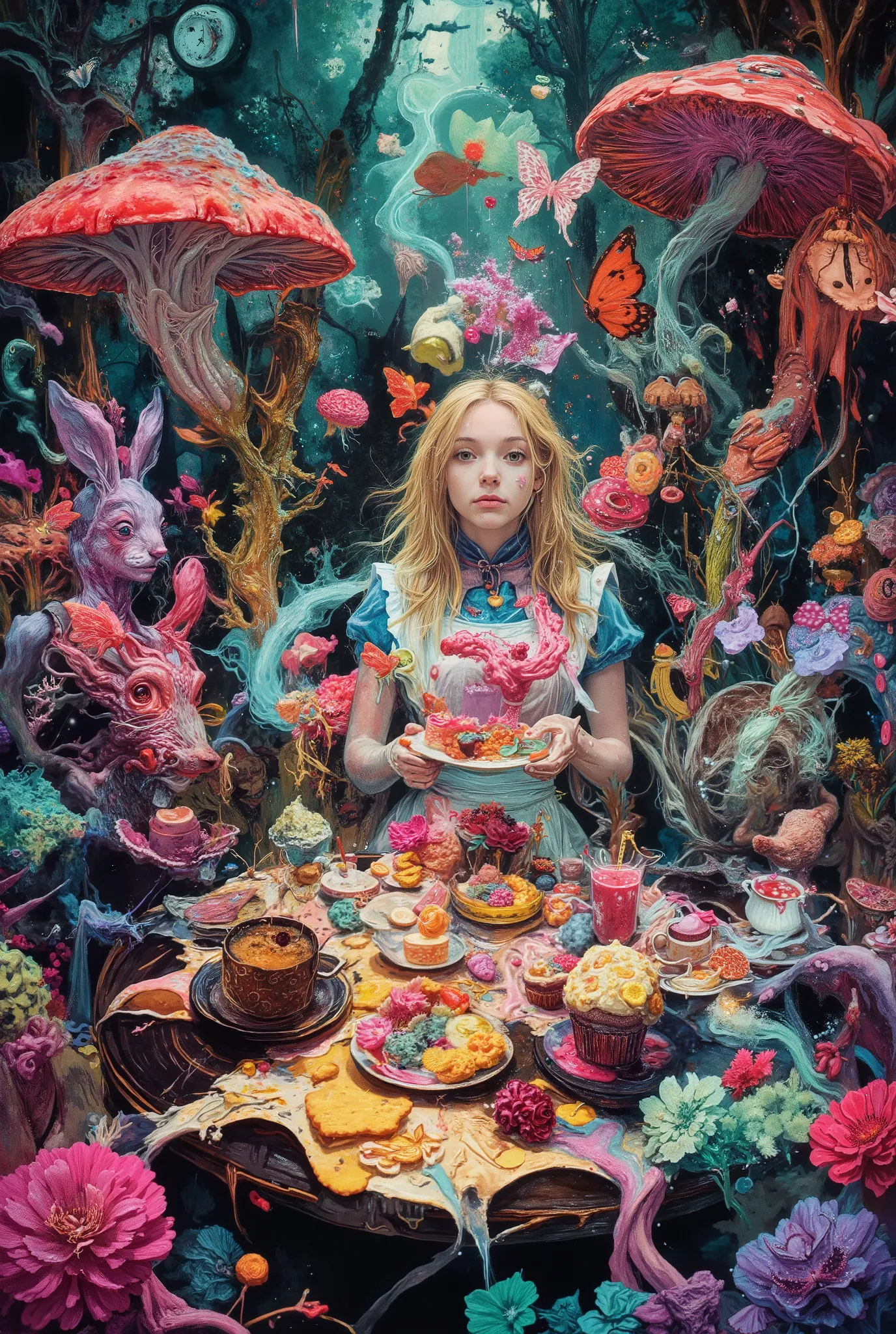 A surreal dynamic scene in the style of Kaoru Yamada: a surreal magical tea party in a psychedelic forest in a distorted space. There are three characters sitting at the table: in the center, Alice (a girl with long blonde hair in a dress and an apron) hol...