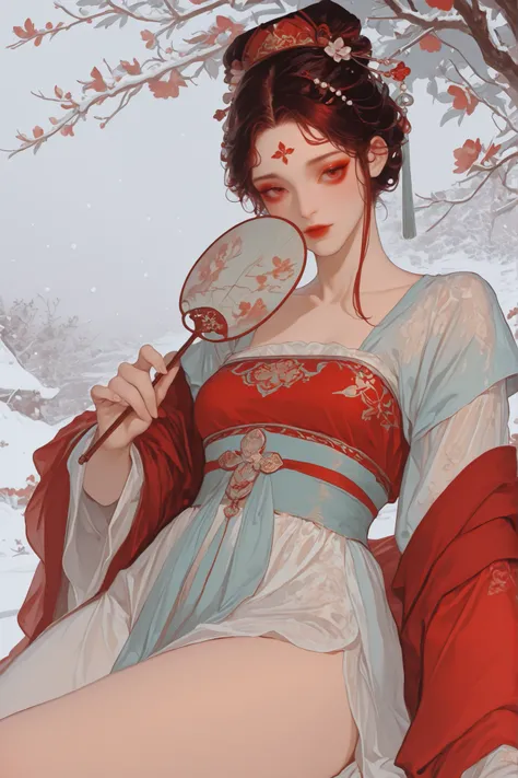 Chinese girl of the Tang Dynasty, Tang Dynasty Dance costume in three colors of  dark BLUE , red, white, pearl hairpin, plum blossom, Tang Dynasty makeup, cinnabar on forehead,off shoulder, snow background, White Thighs,holding a Tang Dynasty silk fan with...