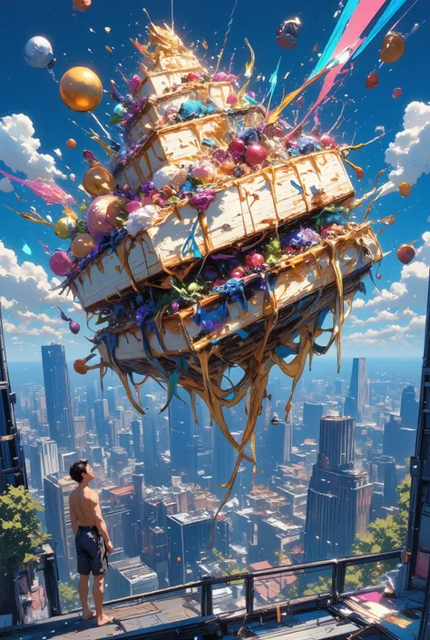 From a bird's-eye view. A huge surreal, round, incredibly beautiful multi-tiered sponge cake with whipped cream, caramel, lavishly decorated with fruits, flowers, berries and colored marmalade. A giant cake dynamically falling from the roof of a skyscraper...