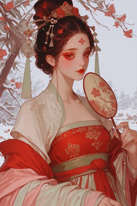 Chinese girl of the Tang Dynasty, Tang Dynasty Dance costume in three colors of green, red, white, pearl hairpin, plum blossom, Tang Dynasty makeup, cinnabar on forehead,off shoulder, snow background,holding a Tang Dynasty wood silk fan with embroidered m...