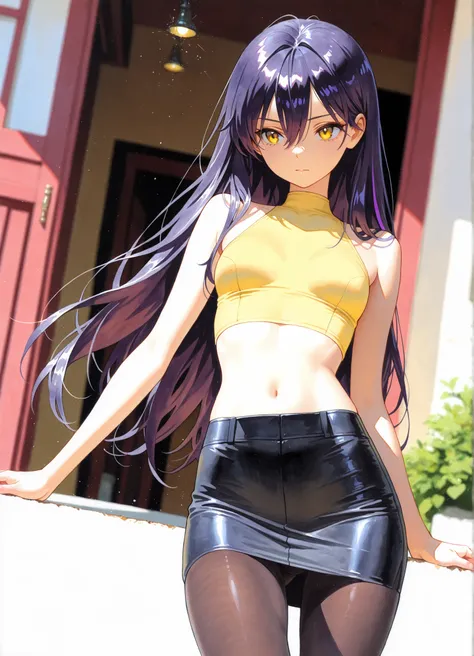 1girl, Nyann, long hair, yellow eyes, dark purple hair, hair between eyes,tight cropped skirt,black tights,yellow sleeveless shirt, midriff tops,navel,depth of field, fake traditional media, Picturesque, Impressionism, masterpiece, high score,  Great score...