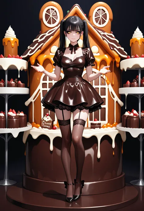 (Best quality (1.3)) (masterpiece (1.2)), high quality, (high resolution (1.2)) 
Anime style.
1 girl, yellow eyes, black long hair, two ponytails hairstyle,  slim figure, medium breast. 
Cake costume,cake dress, dress decorated strawberrys, melting honey o...