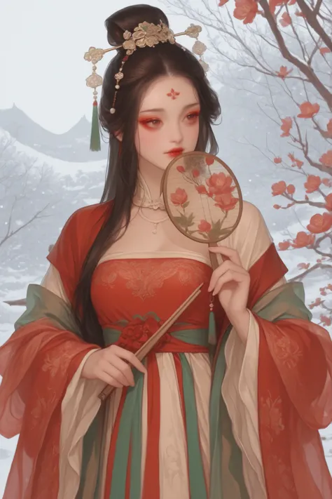 Chinese girl of the Tang Dynasty, Tang Dynasty Dance costume in three colors of green, red, white, pearl hairpin, plum blossom, long hair ,Tang Dynasty makeup, cinnabar on forehead,off shoulder, snow background,holding a Tang Dynasty wood silk fan with em...
