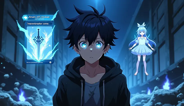 Frame from a high-stakes anime scene. A teenage boy with dark spiky hair and glowing teal eyes stands in a ruined city at night, surrounded by blue flames. His black hoodie is torn, and he breathes heavily — covered in cuts and dust. In front of him, a mag...