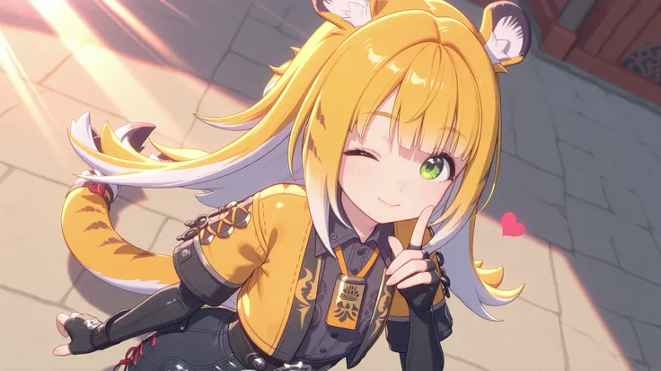 shiny skin, Posing,
JuFuFu,
Shine, Shine, sun beam,
high angle, looks at the viewer,
one eye closed, heart finger ,