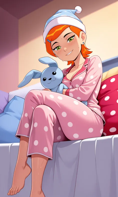 masterpiece, best quality, high quality, Gwen_Tennyson, 1girl, solo, orange hair, short hair, green eyes, ((from below)), (from side), 1 girl, pajamas, pink pajamas only, ((focus on face)), red polka dots, pajama hat, hat, sleeping cap, sweat, smile, looki...